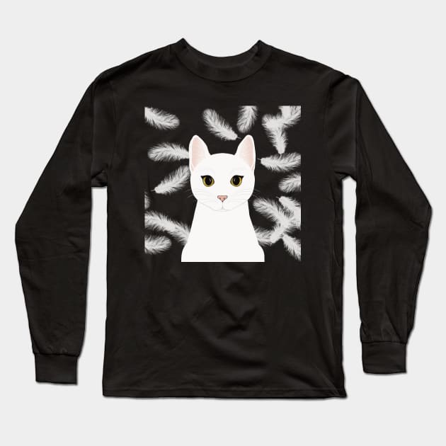 The cute white cat queen is watching you , white feathers on the black background Long Sleeve T-Shirt by marina63